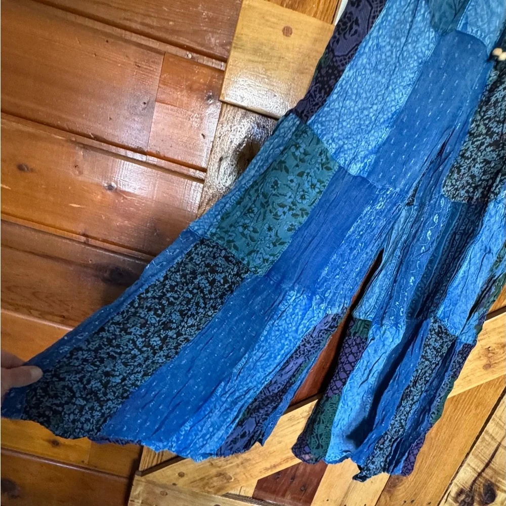 YOUNG THREADS NWT BLUE PATCHWORK WIDE-LEG PANTS W/ POCKETS LARGE - Picture 3 of 6